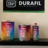 Durafil Clarity Product Line I-180RM Medium Reducer, I-180 Hybrid Ccarrier, and iI-180H Hardener (pictured on shelf with Durafil Auto Technologies, Inc banner)